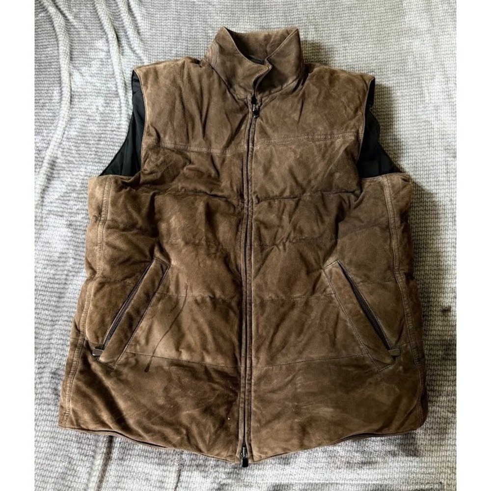 Battistoni Roma Mens Brown Suede Leather Goose Down Puffer Vest Size 52 IT L